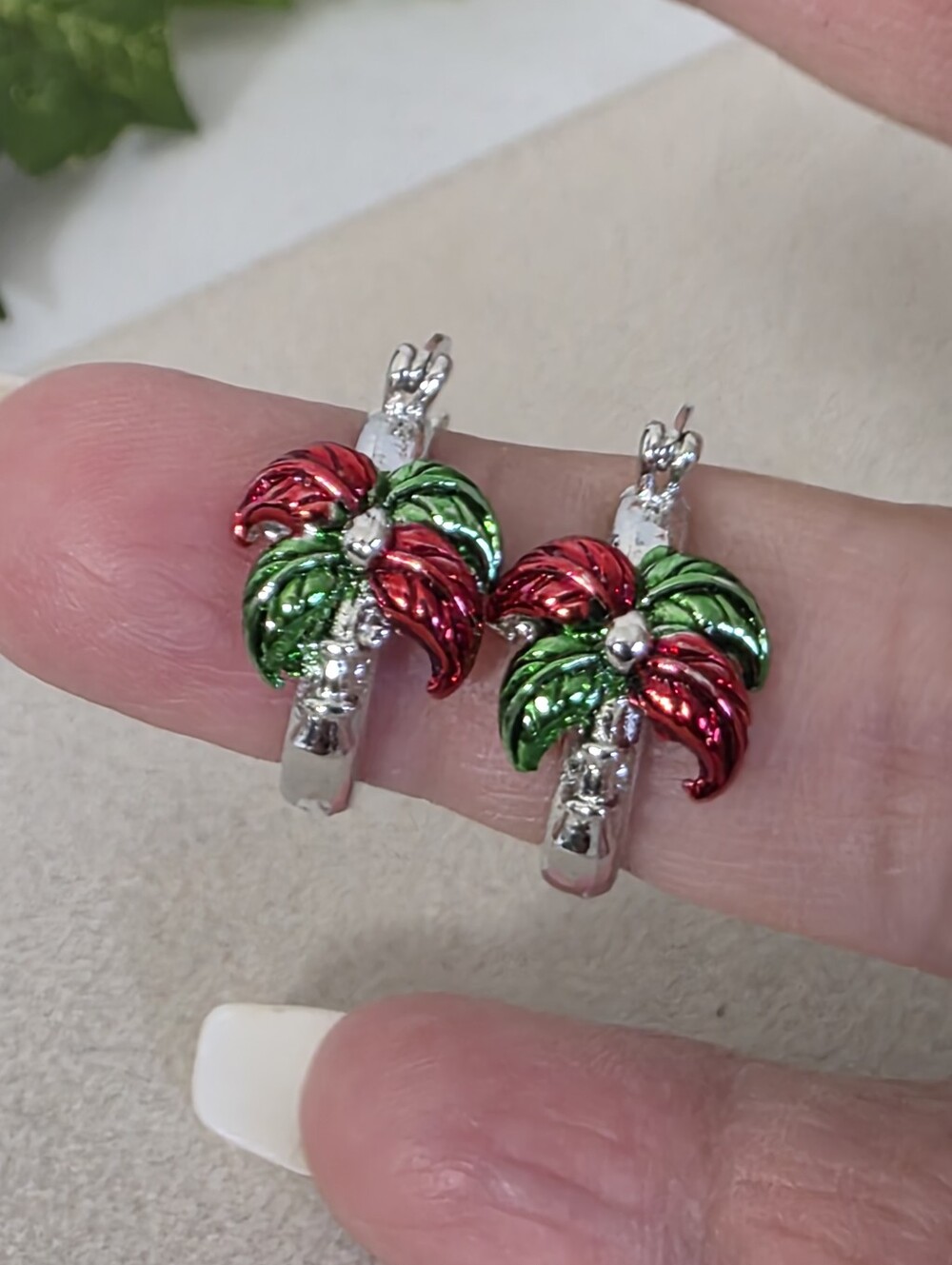 Rhodium Plated Palm Tree Hoop Earrings Silver Red Green Tropical Coastal Huggie